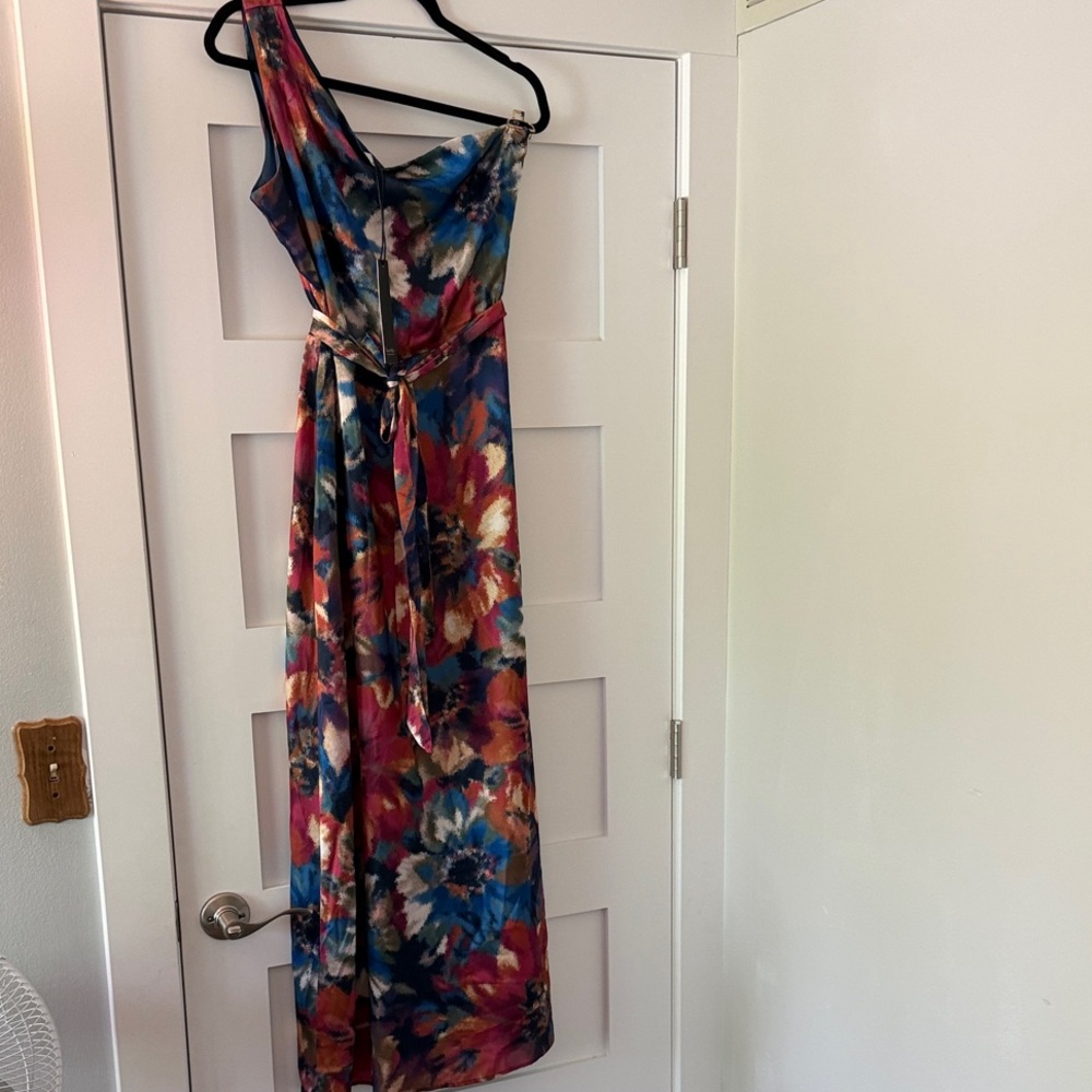 Nicole Miller One-Shoulder Floral Satin Maxi Dress in Blue, Pink, and Cream